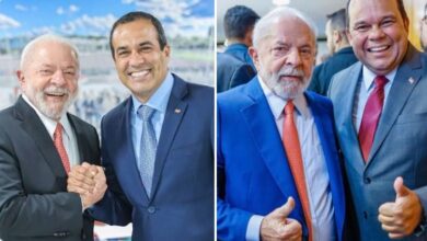 Lula sorridente ao lado de Bruno Reis e com cara feia perto de Geraldo