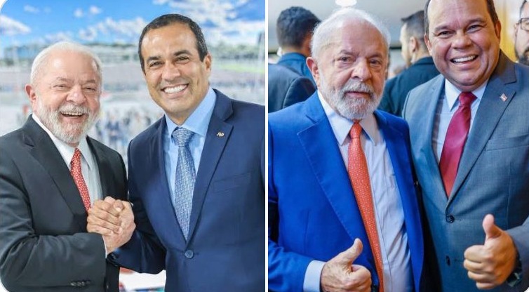 Lula sorridente ao lado de Bruno Reis e com cara feia perto de Geraldo